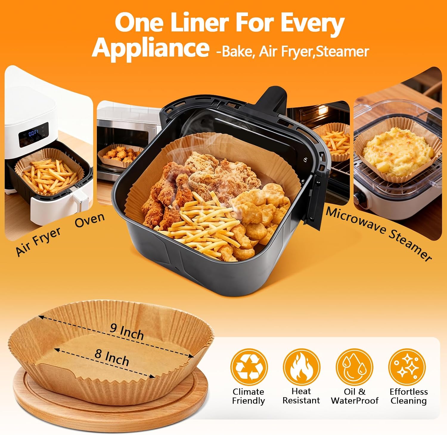 125 Pcs Unbleached Air Fryer Liners 9 Inch, Non-Stick Disposable Parchment Paper Squares for Air Fryer, Microwave, Steamer & Oven – Oil-Proof, Waterproof, Ashesive-Free (8" Bottom)