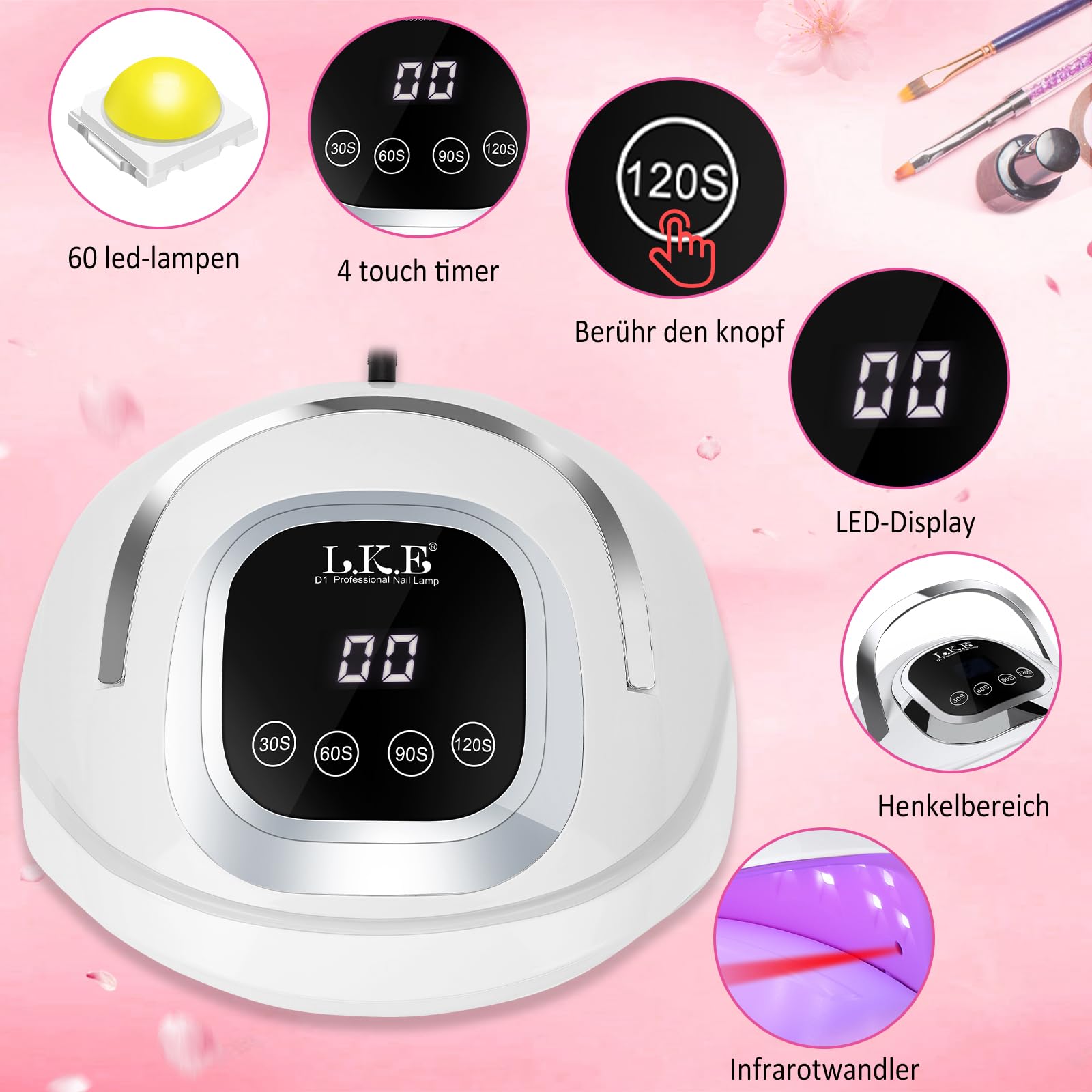268W UV Lampe für Gelnägel, UV Lampe Nägel mit 4 Timer, 60 LEDS, LCD Display, Smart Sensor,Premium UV Lampe für Alle UV Gel Nagellack, Ideal für Anfänger und Profis