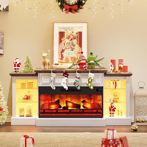 AMERLIFE 70" Fireplace TV Stand with Mantel, Farmhouse Wood Entertainment Center with 3-Sided Glass Fireplace for TVs up to 75", Adjustable Shelves & LED Lights, Distressed White