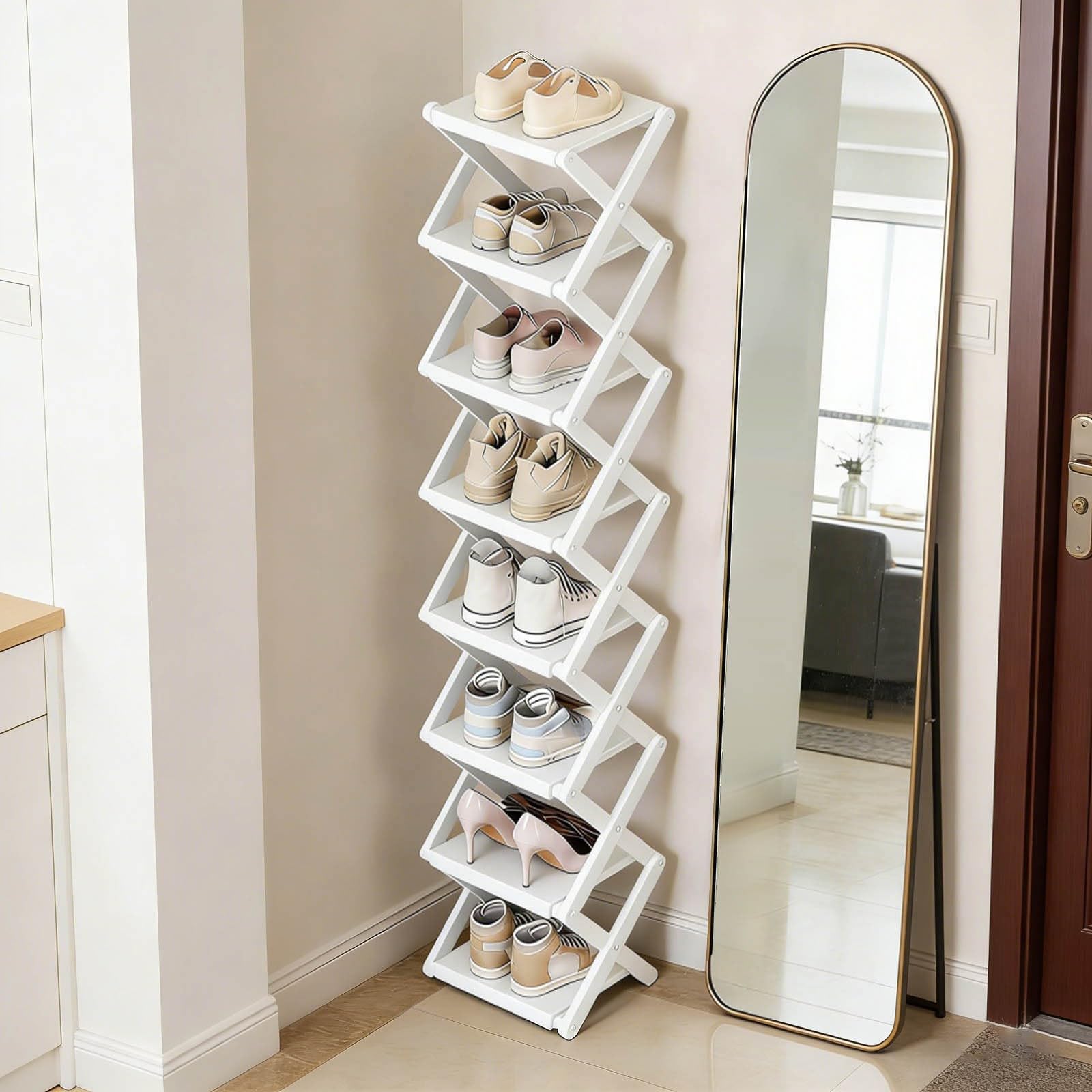 Zapatero de bambú de 2/3/4/5/6/7/8 niveles, no requiere instalación, zapatero plegable, almacenamiento multicapa, fuerte capacidad de carga, ahorro de espacio, para interiores, balcón (blanco, 7)