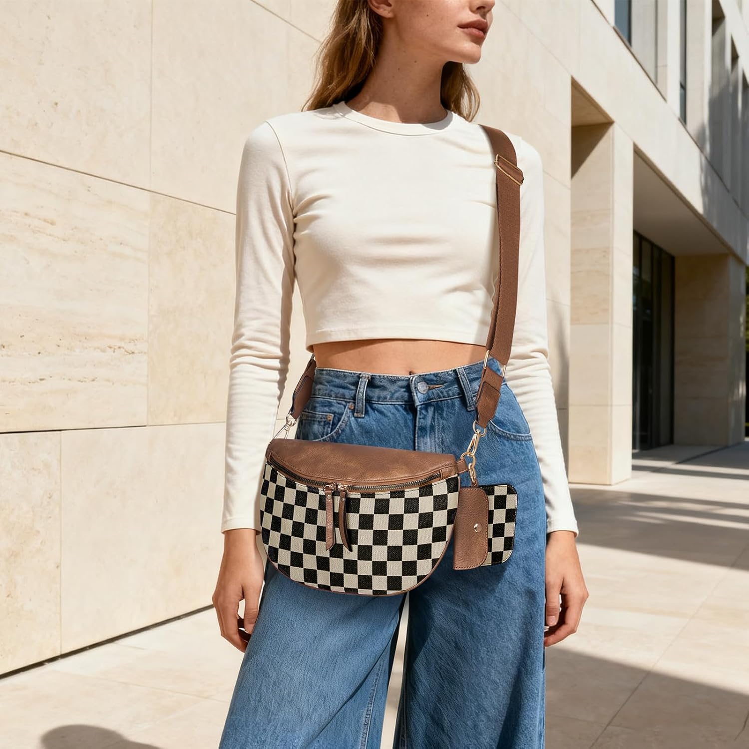 Checkered Crossbody Bag Bum Bags for Women Checkered Purse Plaid Womens Cross Body Purses Checkerboard Fanny Pack - Image 3