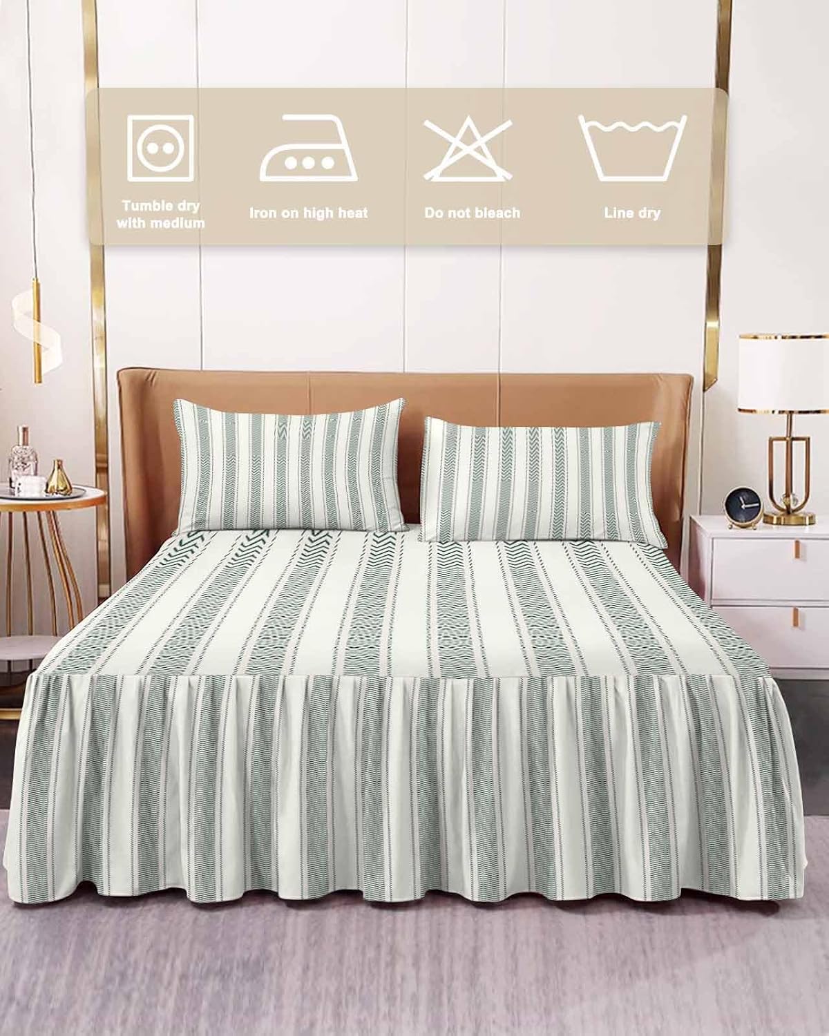 Sage Green Stripe Bed Skirt for Full Size Bed,Retro Farmhouse Geometric Beige Striped Wrap Around Bedding Skirt Gathered Dust Ruffle Bedskirt Sets with 2 Pieces Matching Pillow Covers 18 Inch Drop