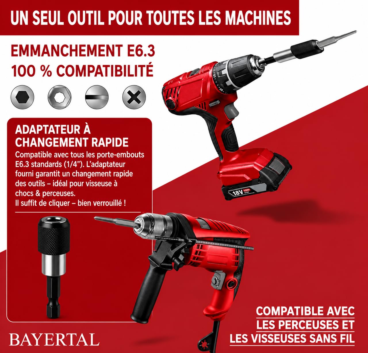 Lot de 6 extracteurs de vis E6.3 - Extracteur gauche avec porte-embout à changement rapide - Tournevis + extracteur pour vis endommagées et coincées