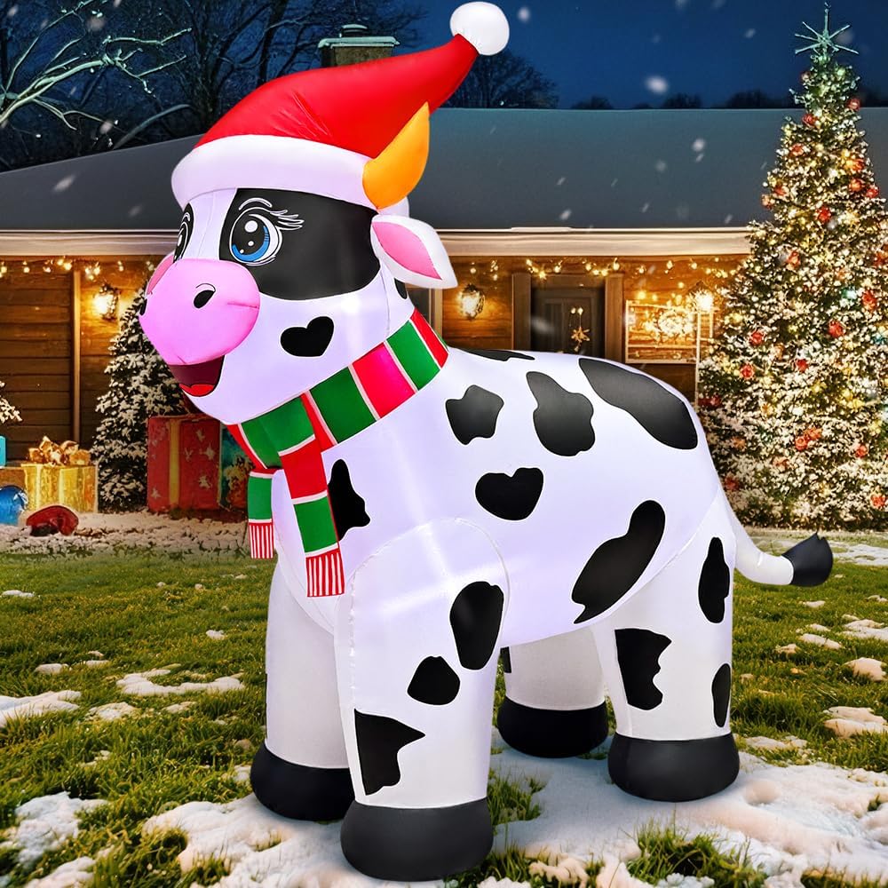 5.6FT Christmas Inflatables Outdoor Decorations Inflatable Cow Farm Animals, Built in LED Lights Blow up Yard Decorations for Xmas Holiday Party Indoor Garden Lawn Décor