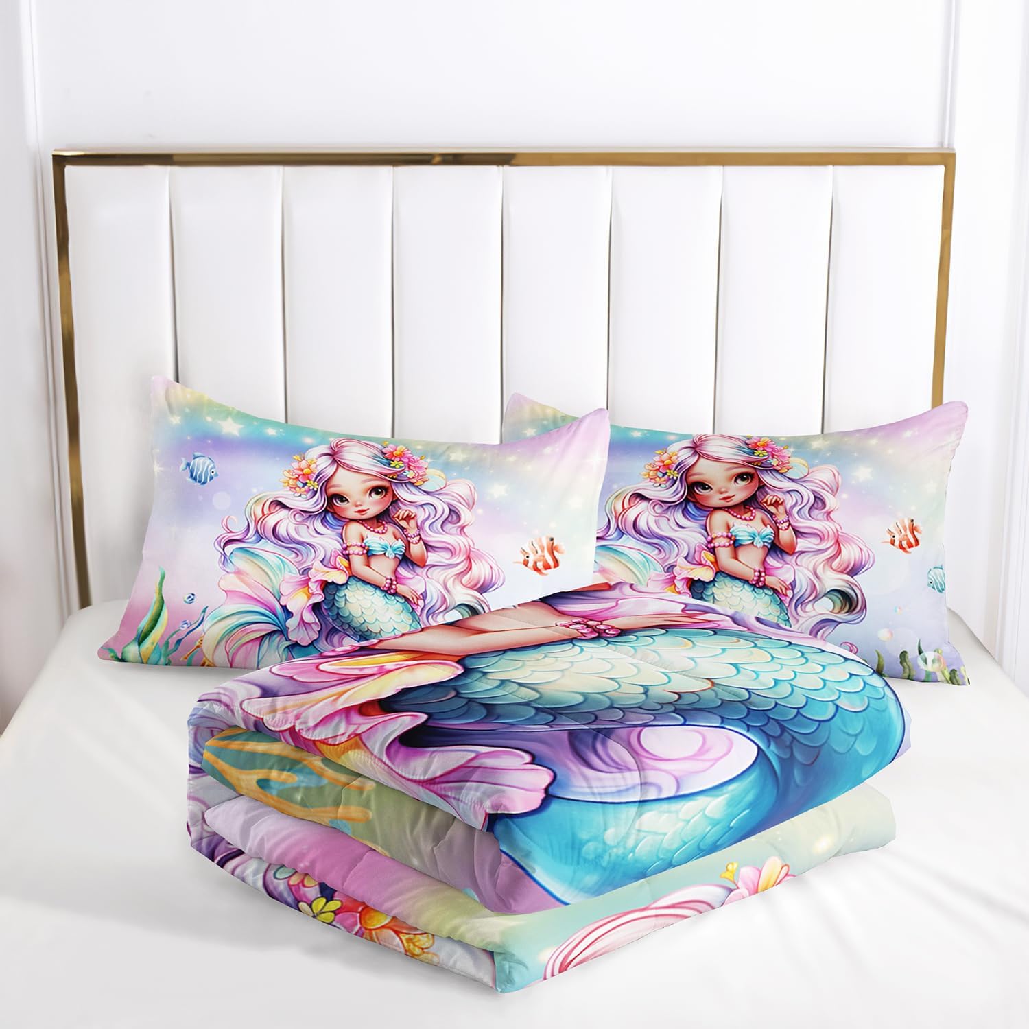AILONEN Mermaid Princess Comforter Set, Twin Size, Ocean Bed in a Bag, Rainbow Mermaid Tail Duvet Set, 3PCS, 1 Quilt Set and 2 Pillowcase