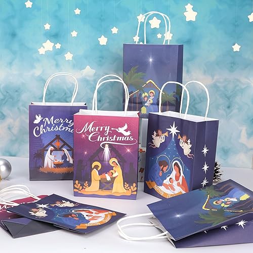 Miniatura 5 de HOWAF 12 bolsas de regalo de Navidad con asa, suministros de decoración de Navidad de noche santa para fiesta de celebración de Navidad, bolsas de