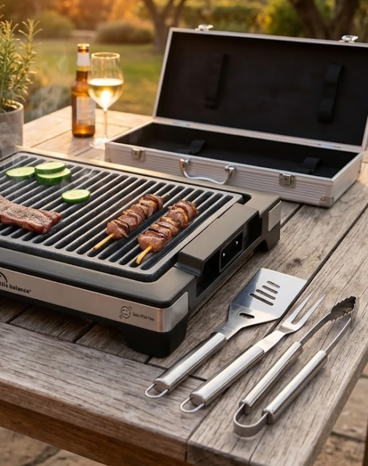 Little Balance 3081 Baroud'Fire, Kit Barbecue 4 utensili: Pinza, Forchetta, Spatola, Spazzola, per il giardino, in campeggio, escursionismo, vacanze. Set barbecue con valigetta portatile, tutto INOX