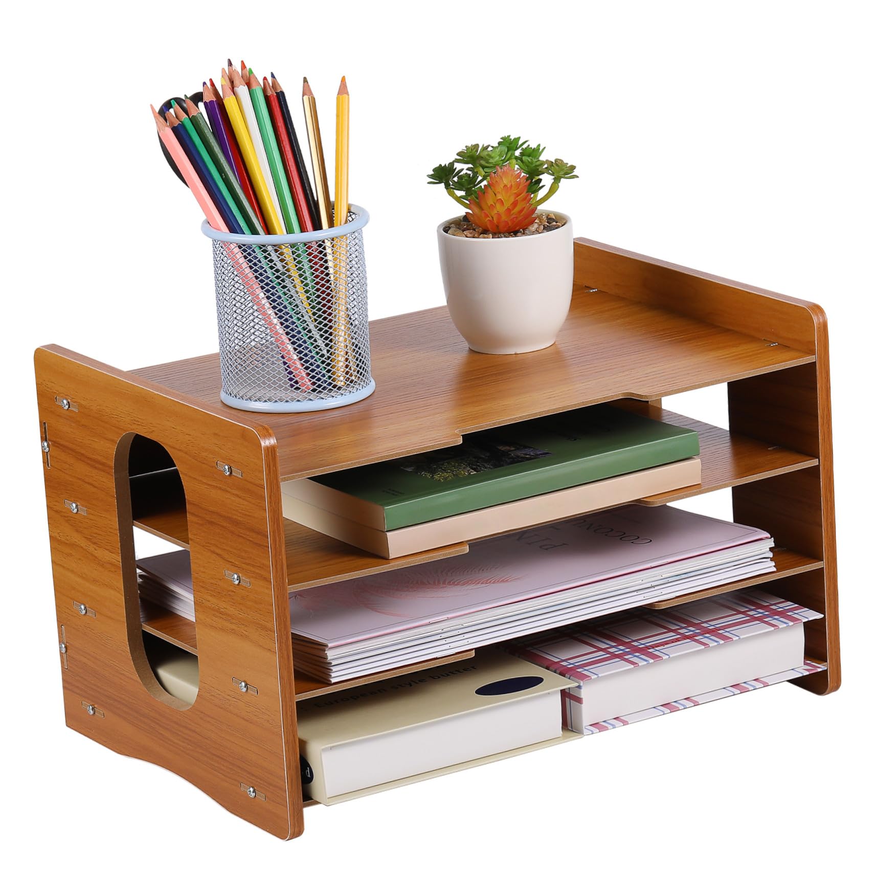 Organizador de Documentos de Madera 4 Capas, Estante Vertical para Oficina y Hogar Diseño Moderno