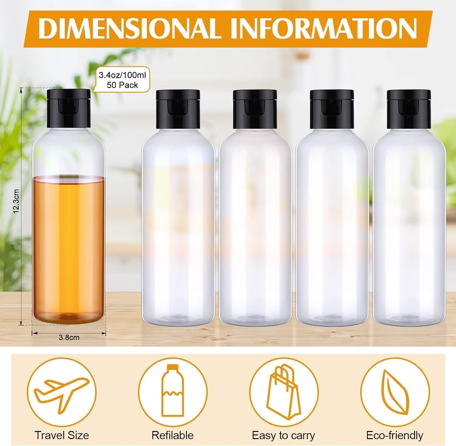 MALLOOM 50 Pièces 100ml Flacon Voyage Vide, Plastique Bouteille de Voyage Cosmetique Flacons, Flacons vaporisateurs vides en plastique transparent pour Lotion, Démaquillant, Shampoing, Gel Douche