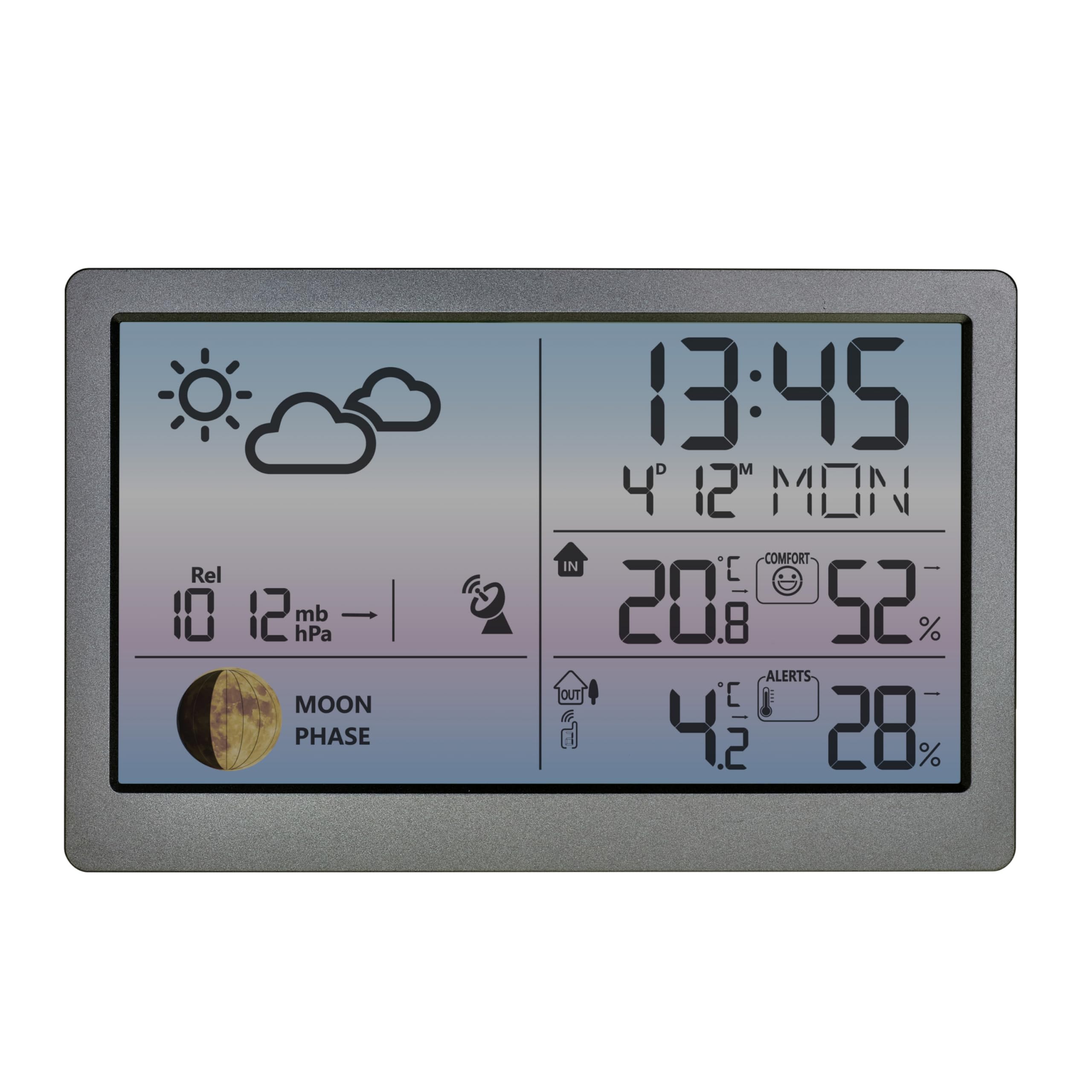 TFA Dostmann stazione meteo digitale con sensore esterno e display a colori LUNA Sky, 35.1169, misuratore di temperatura e umidità, fasi lunari, allarme temperatura esterna, grigio