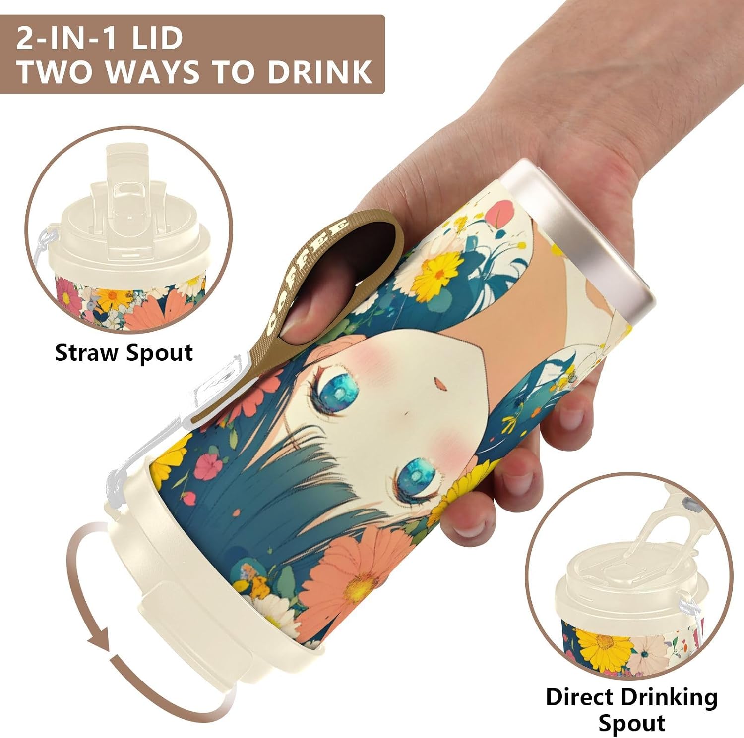 Japanese Woman Anime Insulated Coffee Mug with Straw & Flip Lid, 16.9oz Iced Tumbler Cup, Double Wall Vacuum Leak-Proof Mug for Travel Office
