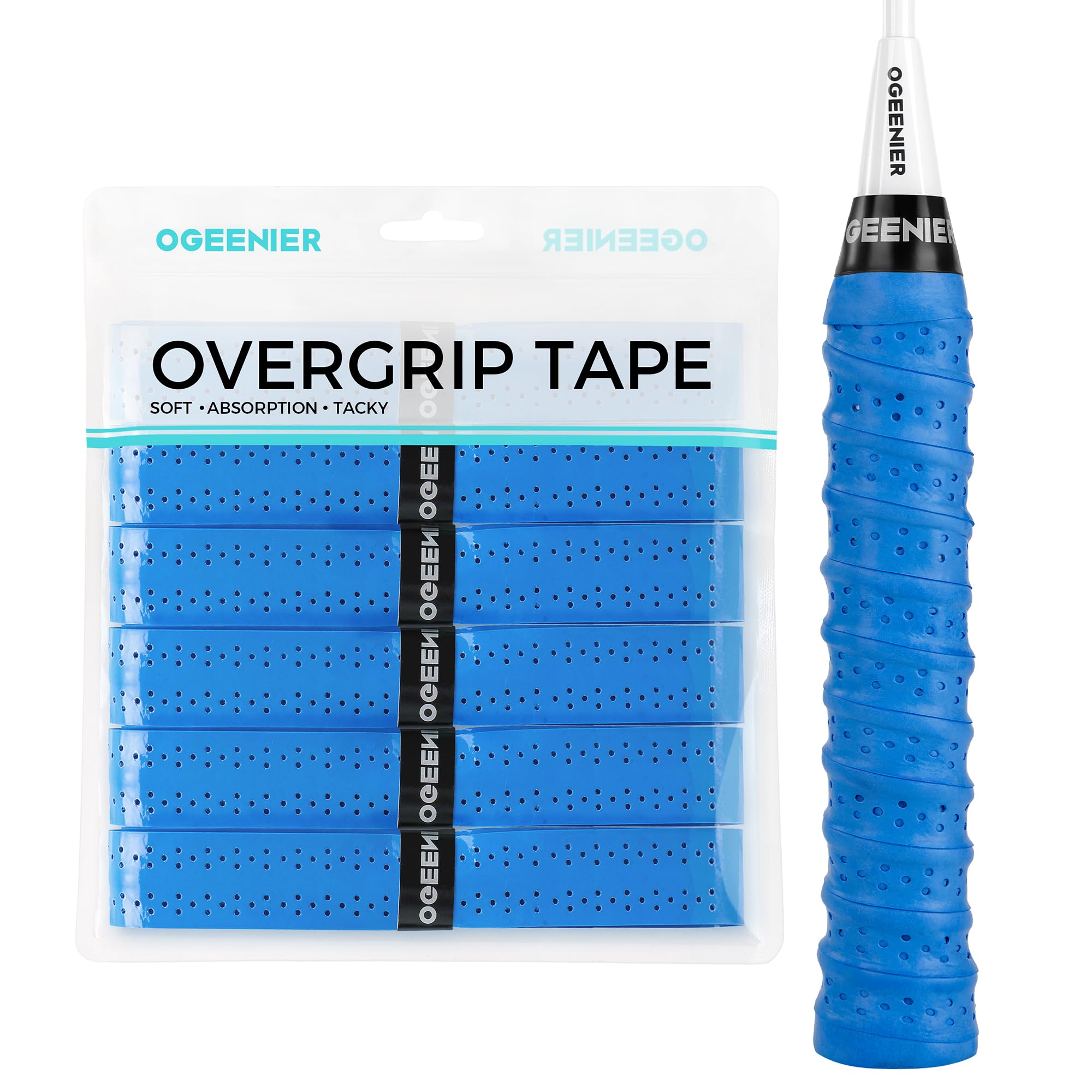 OGEERNIER PU Badminton Racket Grip, 6 Pack Anti-slip Squash/Padel/Tennis Racket Grip Tape, Perforated Super Absorbent Racquet Tape