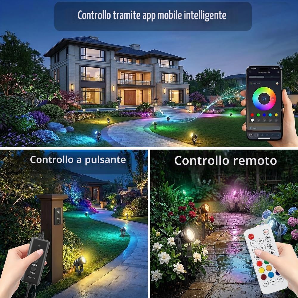 8 faretto da giardino RGBW 24V 24W con telecomando e funzione di temporizzazione, Bluetooth APP Faretto da giardino a LED con picchetto, luci da giardino per esterno IP65, illuminazione stradale