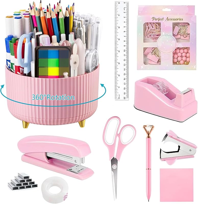 Office Supplies,School Supplies,Pink Desk Accessories,Desk Organizer,Scissors,Stapler,Tape Dispenser,Binder Clips,Staples,Staple Remover,Sticky Notes,Clear Tape,Pen,Ruler,Best Gift,11pcs