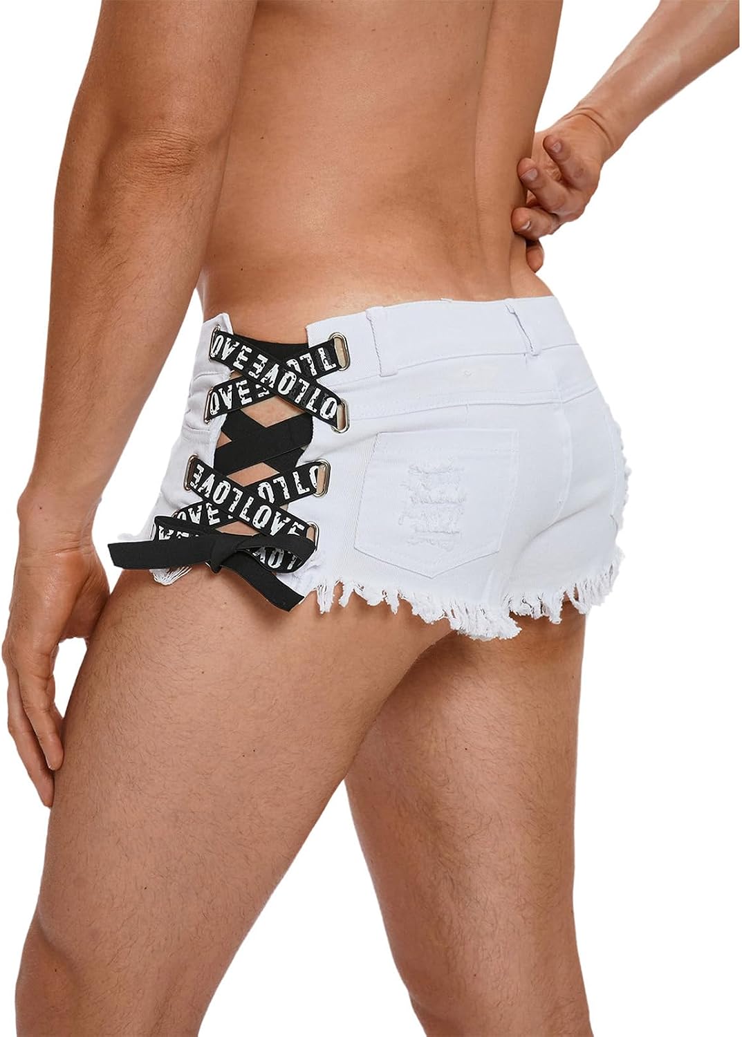 Men Western Mini Shorts Ripped Distresses Frayed Raw Hem Low Rise Cut Off Side Tie Cheeky Boxer Briefs