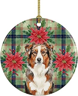 Caroline's Treasures Red Merle Australian Shepherd Christmas Poinsettias Ceramic Ornament Christmas Tree Hanging Decorations for Home Christmas Holiday, Party, Gift, 3 in, Multicolor
