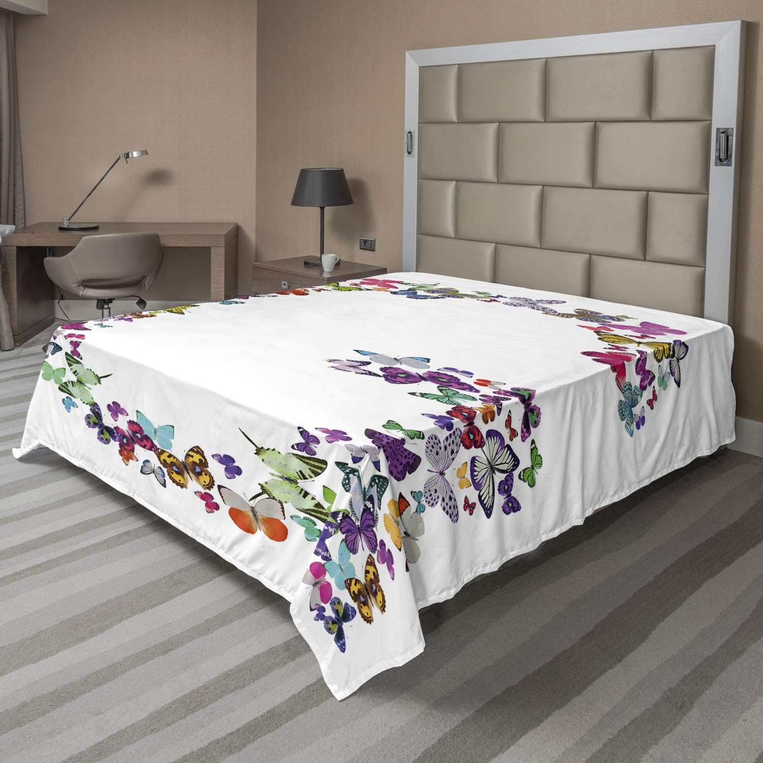 Ambesonne Letter G Flat Sheet, Exotic Colorful Butterflies in The Shape of Letter G Feminine Girls Design, Soft Comfortable Top Sheet Decorative Bedding 1 Piece, Queen Size, Multicolor