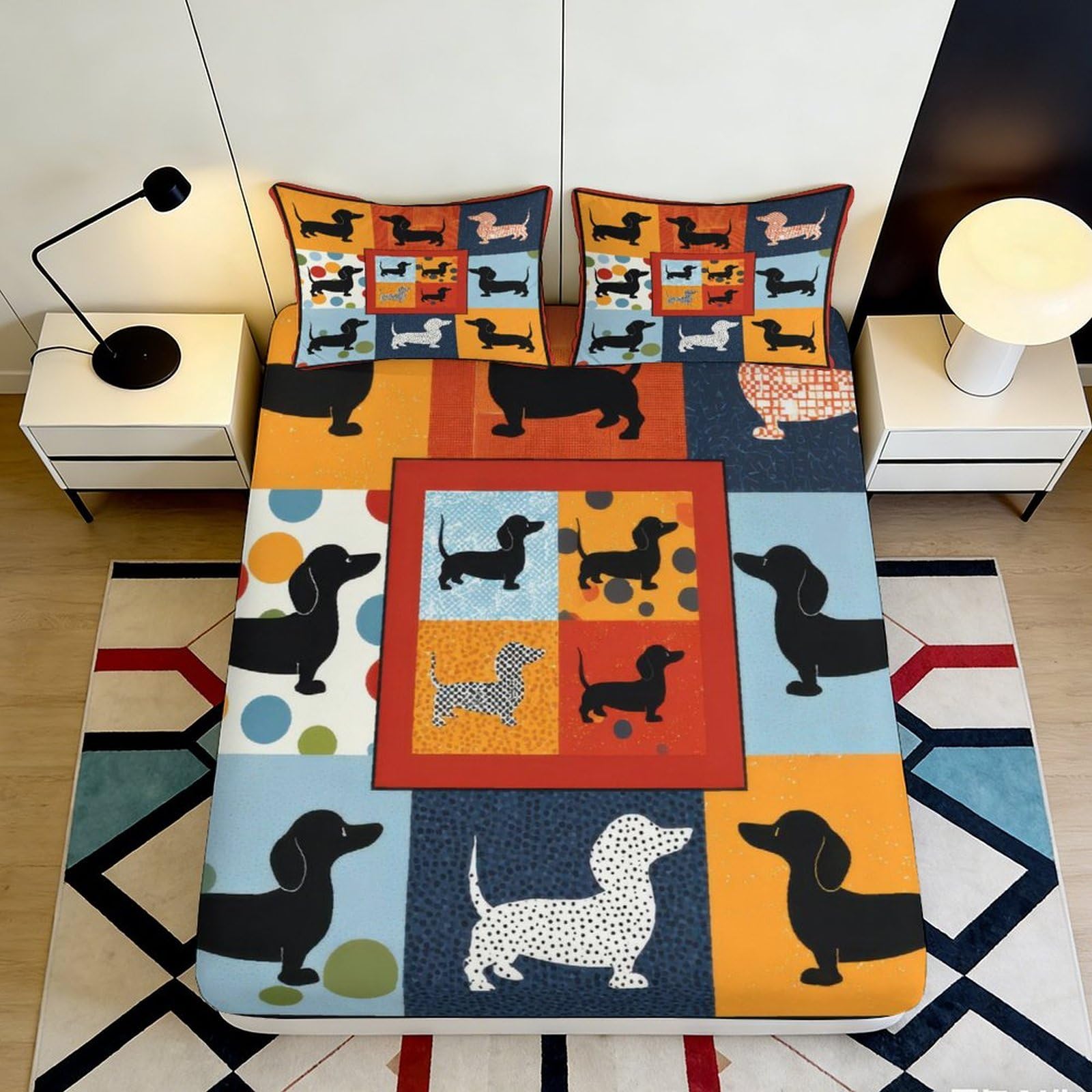 Jqzkxnhpbr Style-3 3D Printed Dachshund Patchwork Fitted Sheet Microfiber Soft Durable Dog Silhouette Bed Cover For Bedroom Guest Room Decor 90X200x25cm