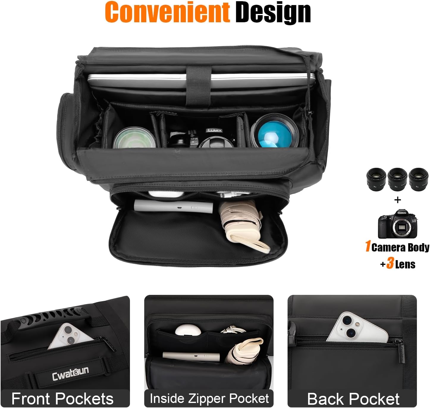 Cwatcun Camera Sling Bag, Waterproof Multifunction Photography Tactica Camera Crossbody Bag with Tripod Holder & Removable Accessory Bags for DSLR/SLR/Mirrorless Cameras - Medium - Image 2