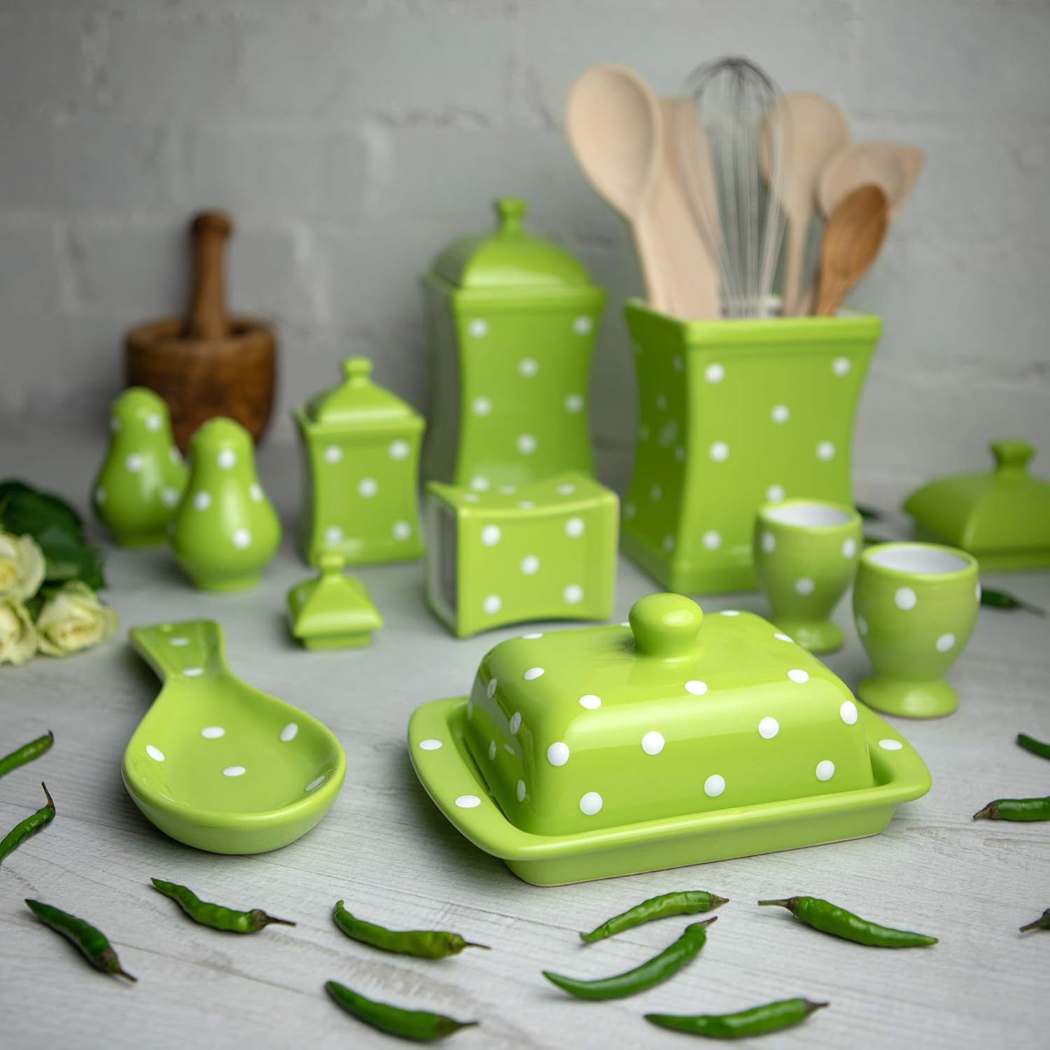 Handmade Lime Green and White Polka Dot Ceramic Kitchen Serving, Storage Set of 10 | Large & Small Canisters, Butter Dish, Egg Cups, Salt & Pepper Shakers, Spoon Rest, Gift by City to Cottage®