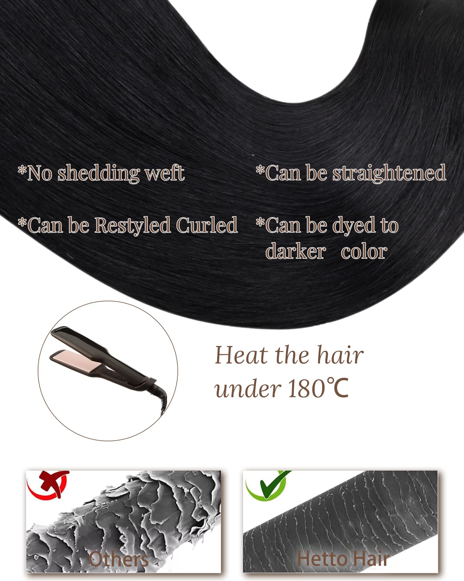Hetto Weft Hair Extensions Real Human Hair Black 20 Inch 100g - Hand Tied Human Hair Wefts Sew in Extension, Natural Black Weave Hair Extensions for Women Daily Use #1 - 5