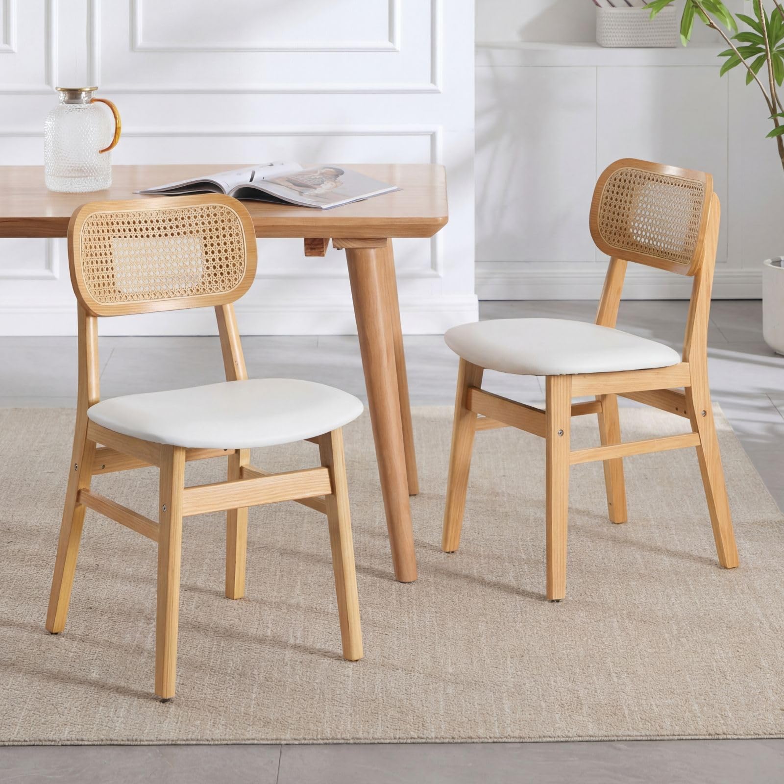 Ya-Home Lot de 2 Chaise de Salle à Manger en Rotin,Chaise de Cuisine,Blanc | Cuir PU avec Coussin et Dossier Confortable,Cadre en Boise,Fauteuil Rembourré,pour Cuisine/Restaurant