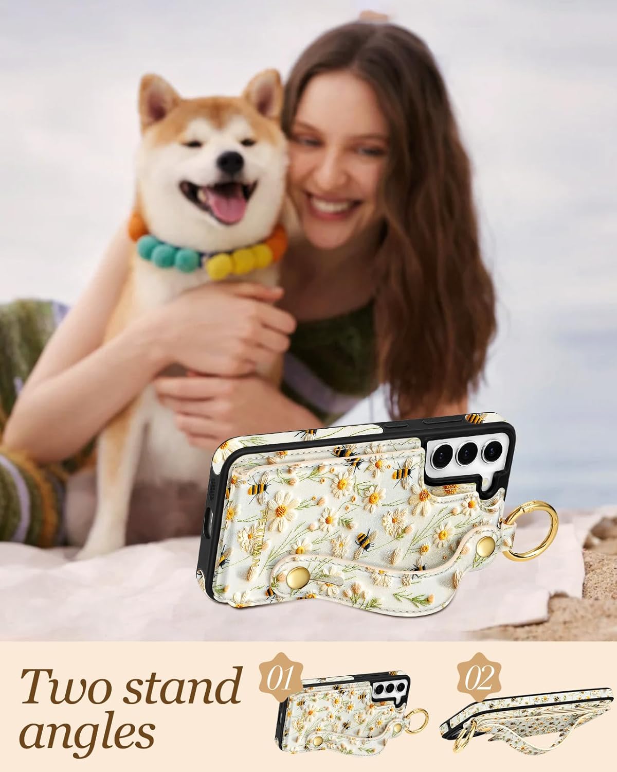 Petitian for Samsung Galaxy S22 Case with Wallet - Women Girls Cute Girly Aesthetic Unique Design Leather Credit Card Holder Cardholder Stand Wristband for S22, Flower - Image 5