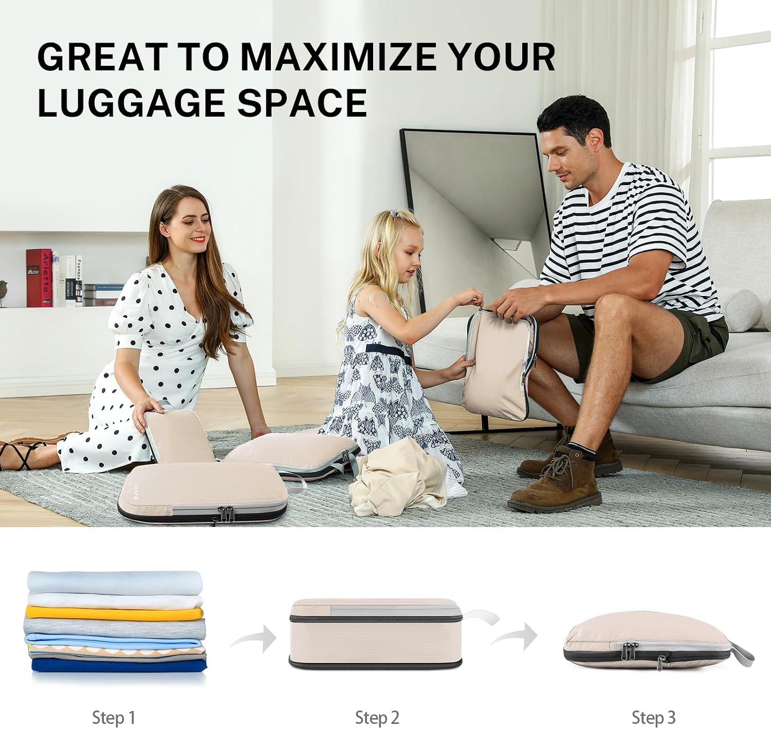 Gonex Compression Packing Cubes Set of 4, Gonex Clothes Bags, 4-Piece Packing Cube, Clothes Bag Set, Suitcase Organiser, Travel Cube Cream (4pcs)