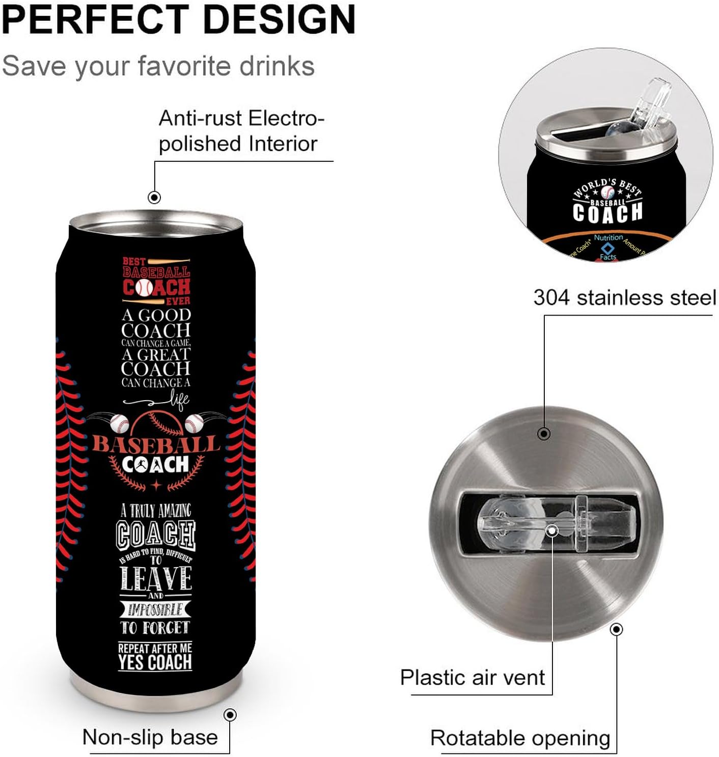 17 Oz Stainless Steel Baseball Coach Travel Tumbler, 500ml/17oz - Image 4