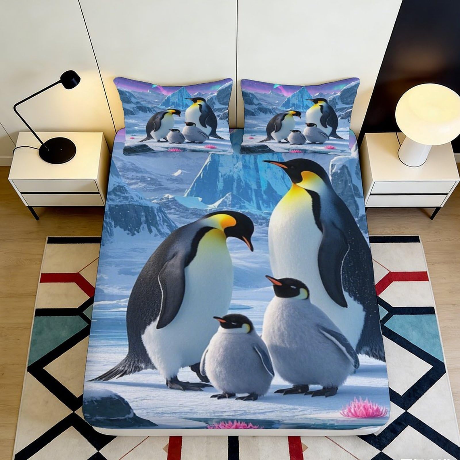 3D Printed Penguin Family Fitted Sheet Microfiber Soft Anti-Slip Bed Cover for Bedroom Guestroom Dorm Decor Washable 90x200x25cm