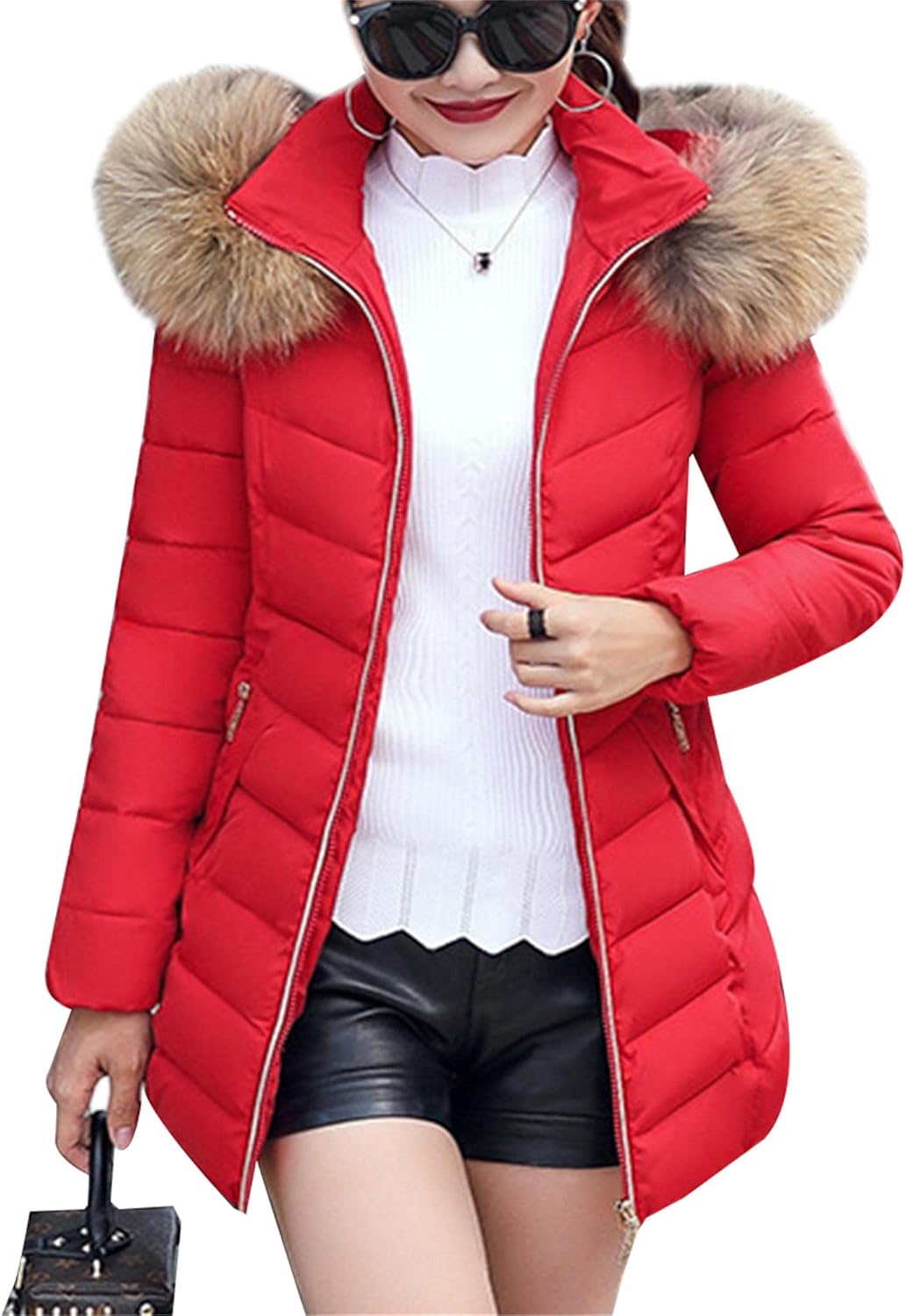 OMZIN Women's Full Zipper Warm Down Jackets Baggy Mid-length Jackets Lightweight Solid Color Tops with Fur Hood