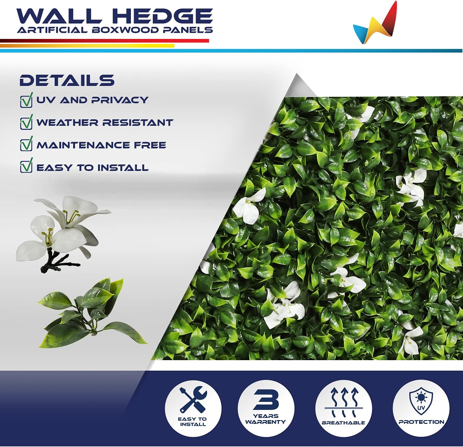 Windscreen4less Artificial Hedge Indoor Outdoor 360″L x 40″H x 10″D Gardenia Flower Fence Privacy Divider Hedge Wall for Backyard Patio Balcony Deck Party Wedding Without Planter Box