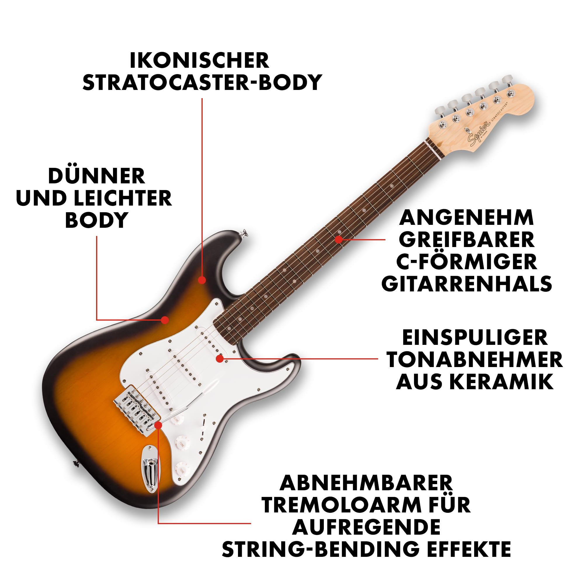 Squier by Fender Debut Collection Stratocaster E-Gitarre, Laurel-Griffbrett, Weißes Schlagbrett, 2-Farb-Sunburst