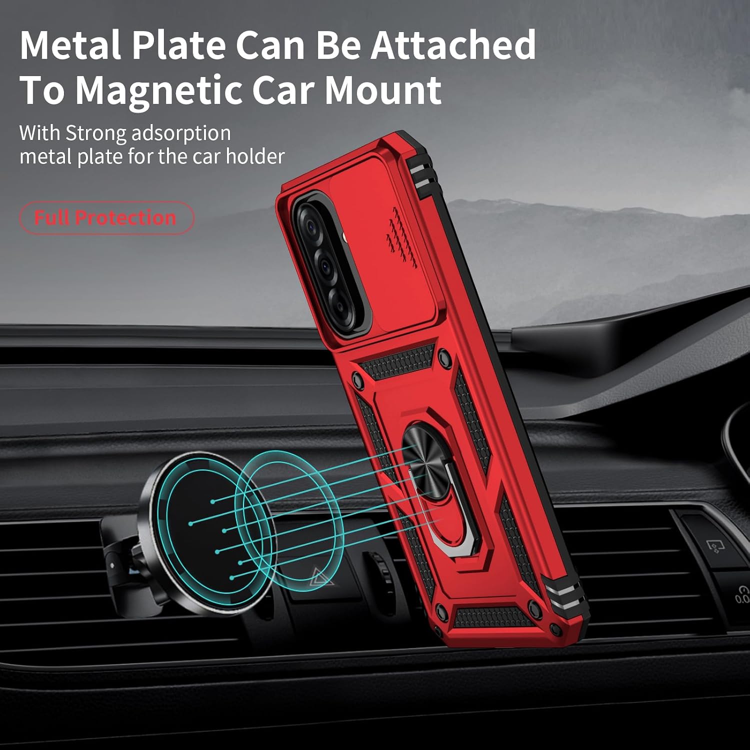 for Samsung Galaxy A26 5G Case with Camera Lens Cover, 10 FT Military Grade Drop Protection, Magnetic Ring Holder Kickstand Protective Phone Case, Red