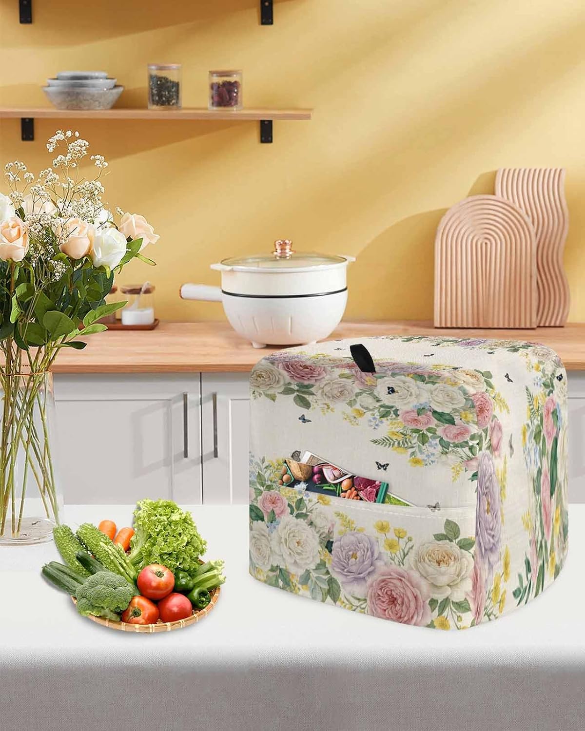 Pink White Flowers Stand Mixer Cover with Storage Pocket,Waterproof Kitchen Mixer Covers,Spring Floral Elegant Pastoral Botanical Rustic Kitchen Appliance Dust Cover Compatible with 4/4.5 Quart Mixers