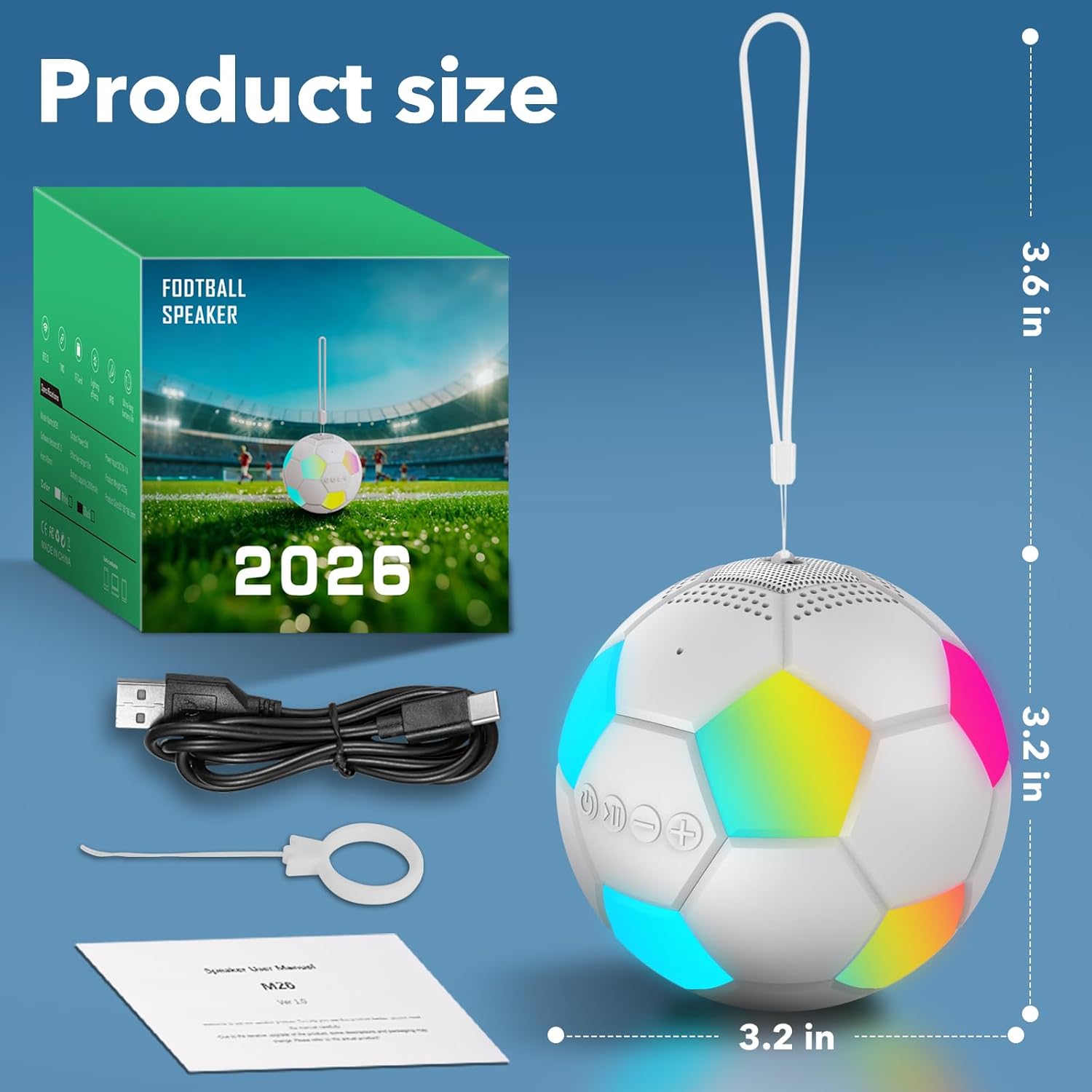 Soccer Ball Shaped Speaker, Portable Wireless Speaker with LED Light, IPX6 Waterproof, 5W Stereo, TWS Pairing, Suitable for Outdoor Travel Speakers for Sports Fans - White