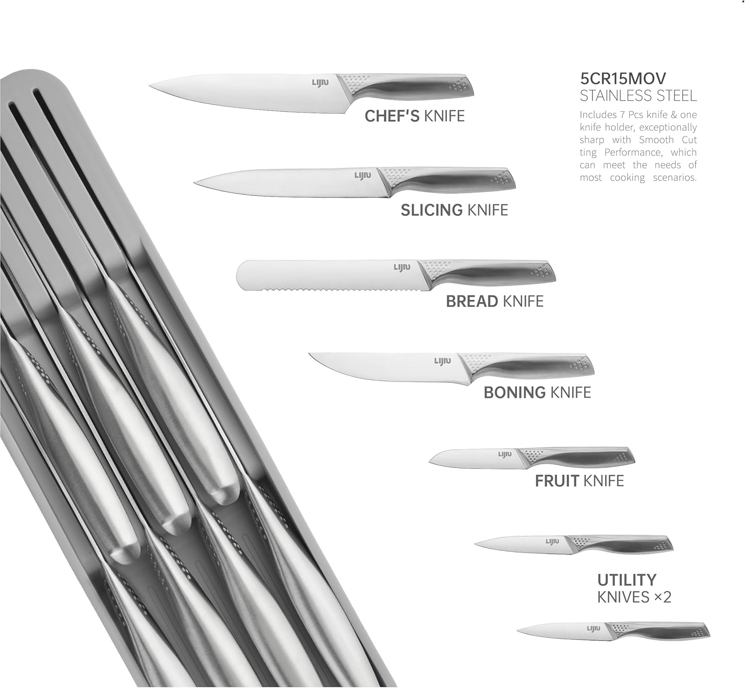Kitchen Knife Set 7 Pcs & Horizontally Knives Case, Crafted from High Carbon 5Cr15Mov Stainless Steel and Food-Grade Polypropylene. (7)