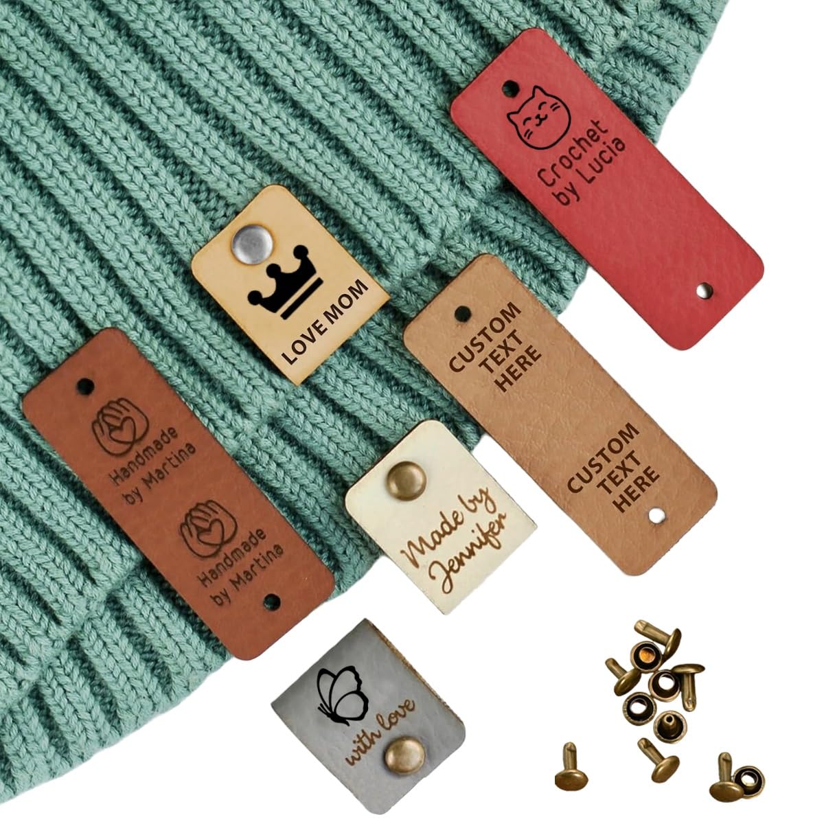 10pcs Personalized Leather Labels with Rivets, Hand Engraved Leather Labels, Custom Pattern/Text/Logo Garment Labels, Garment Care Labels, Knitted Crochet Sewing Labels(0.8 * 2.5 in Square Corner)
