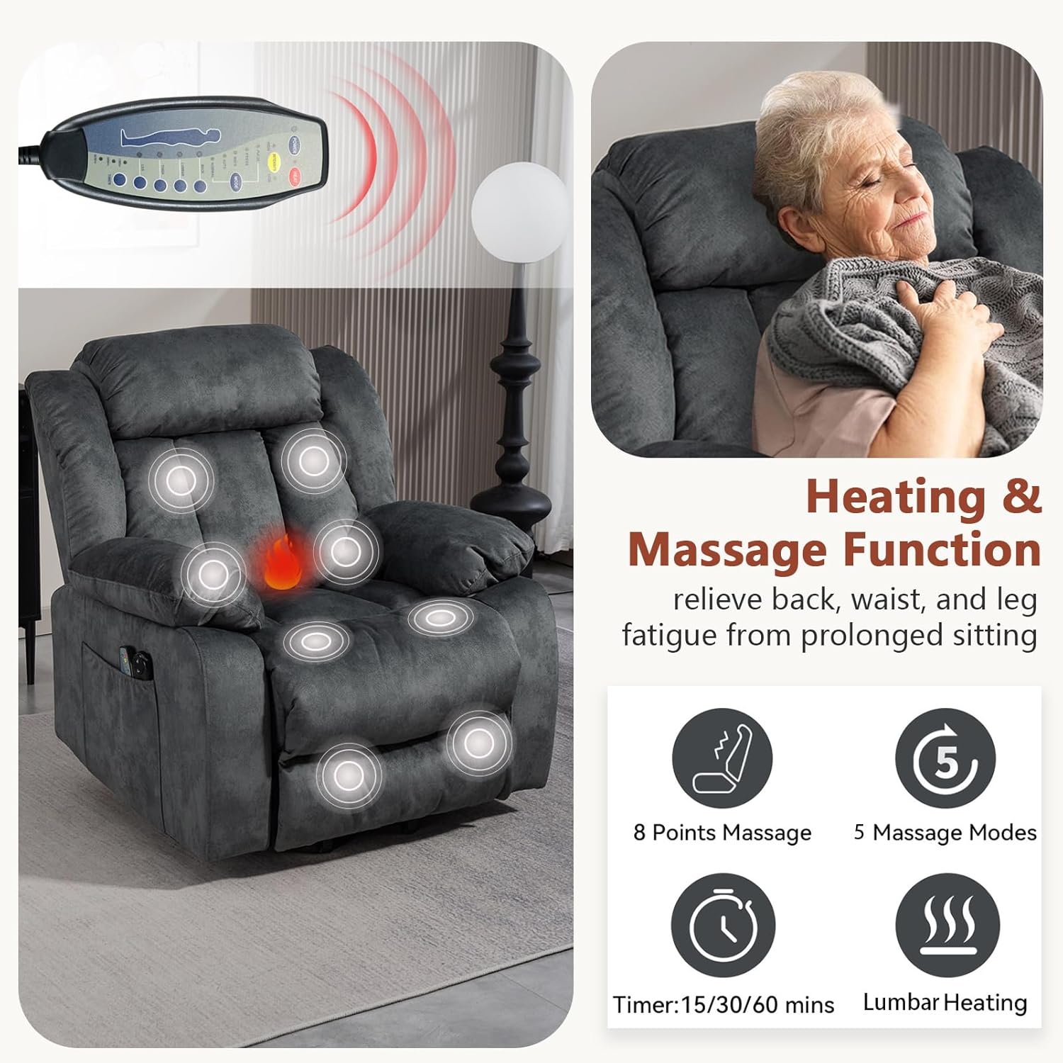 cinkehome Power Lift Recliner Chair for Elderly with Heated Massage, Electric Lift Chairs, Overstuffed Reclining Chair with Remote Control and Side Pockets for Living Room Bedroom (Velvet Gray)