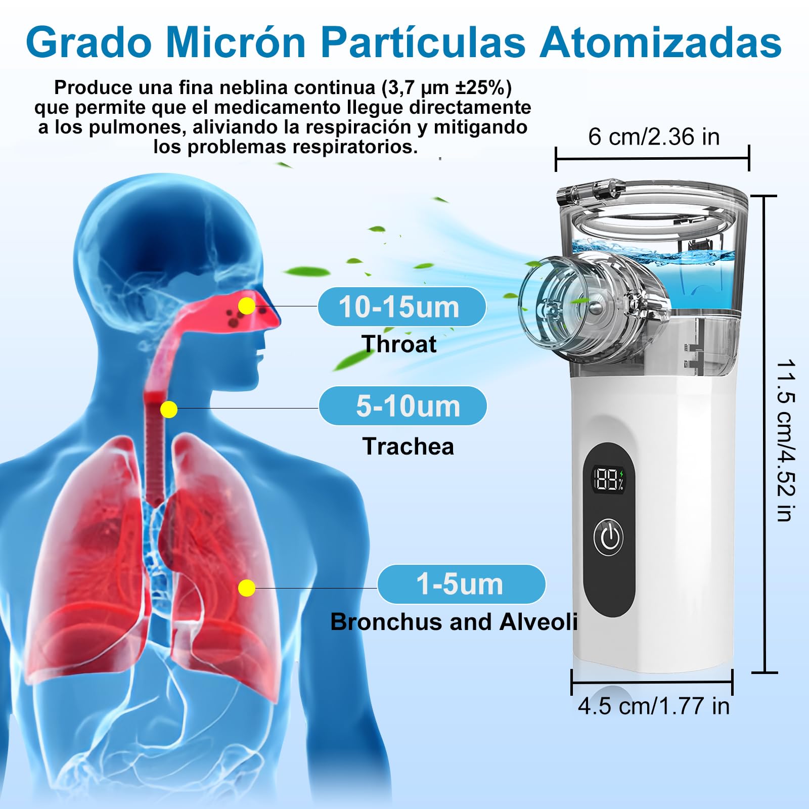 Nebulizador Portátil Silencioso para Adultos y Niños con Pantalla Digital, 2 Modos de Nebulización, Carga USB-C Inhalador, Ideal para Casa y Viaje