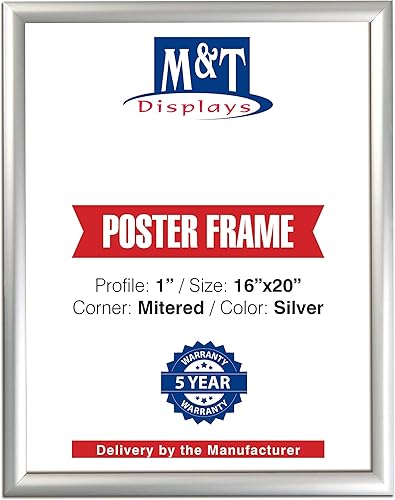 M&T Displays Marco de póster a presión, 16 x 20 pulgadas, color plateado, perfil de aluminio de 1 pulgada, carga frontal, montaje en pared, foto