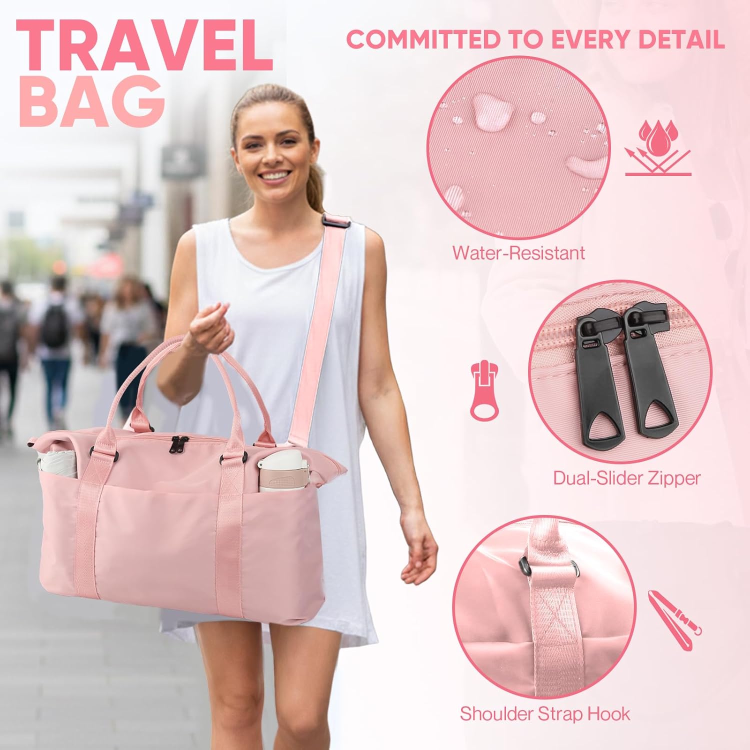 Travel Duffle Bag, Weekender Travel Bag Men Small Gym Bag for Women, Hospital Bag for Labor and Delivery, Overnight Bag Luggage Bag with Trolley Sleeve, Airplane Travel Essentials for Flying(Pink) - Image 6