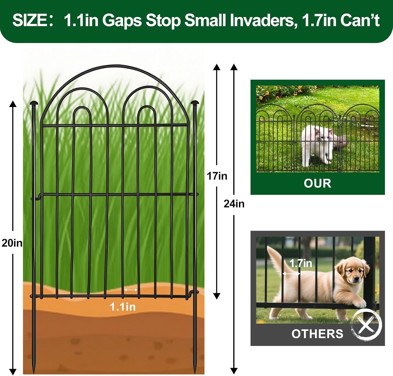 Decorative Garden Fence 17in x 10.8ft (10 Panels), Rustproof Metal No Dig Arched Garden Border Fencing with Stakes, Small Animal Barrier Flower Bed Fence for Yard Patio Outdoor Decor