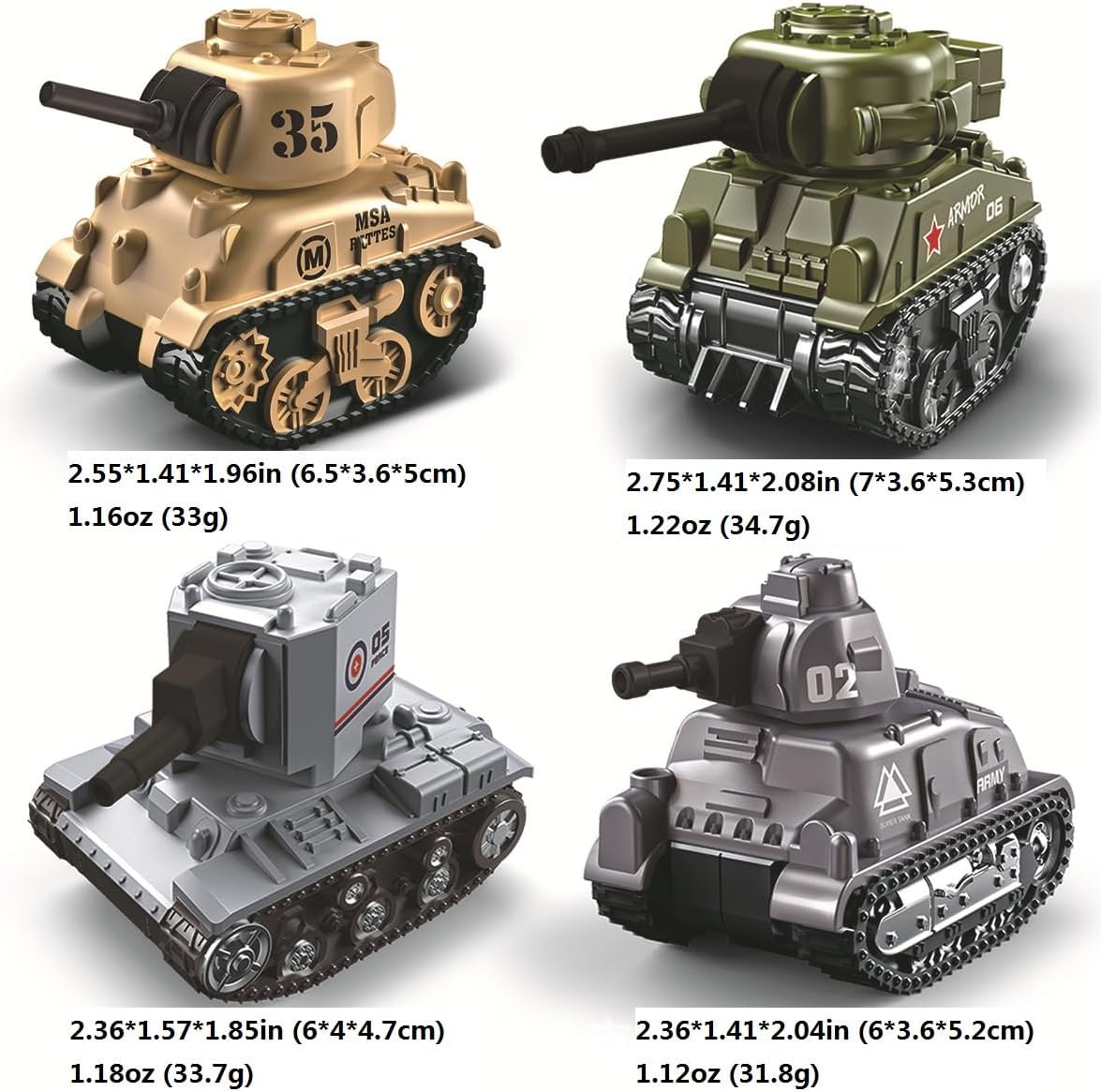 4PCS Pull Back Mini Tank Toy Car - Army Vehicle Military Toys, Die-Cast Battle Model for Kids, Durable Play Vehicle (Solid Color)