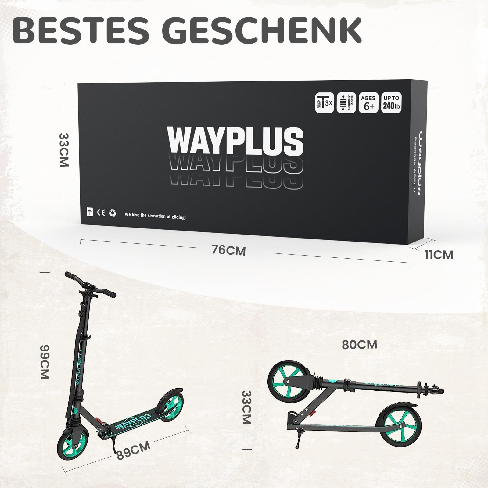 WAYPLUS Trottinette Enfant, Trottinette Enfant avec Grandes Roues PU 200mm & Roulements ABEC-9 Réglable 78-94 cm, Pliable, 4,08 kg Direction à Basculement & Frein au Pied, Enfants & Adultes 108 kg