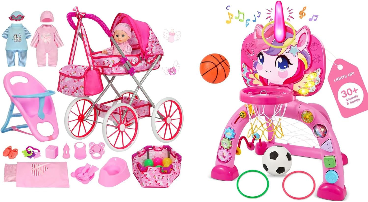 Baby Doll Stroller, Doll Playset Toy for Girls Toddlers 3-5 4-6 Birthday, Toddler Basketball Hoop & Soccer Goal & Ring Toss