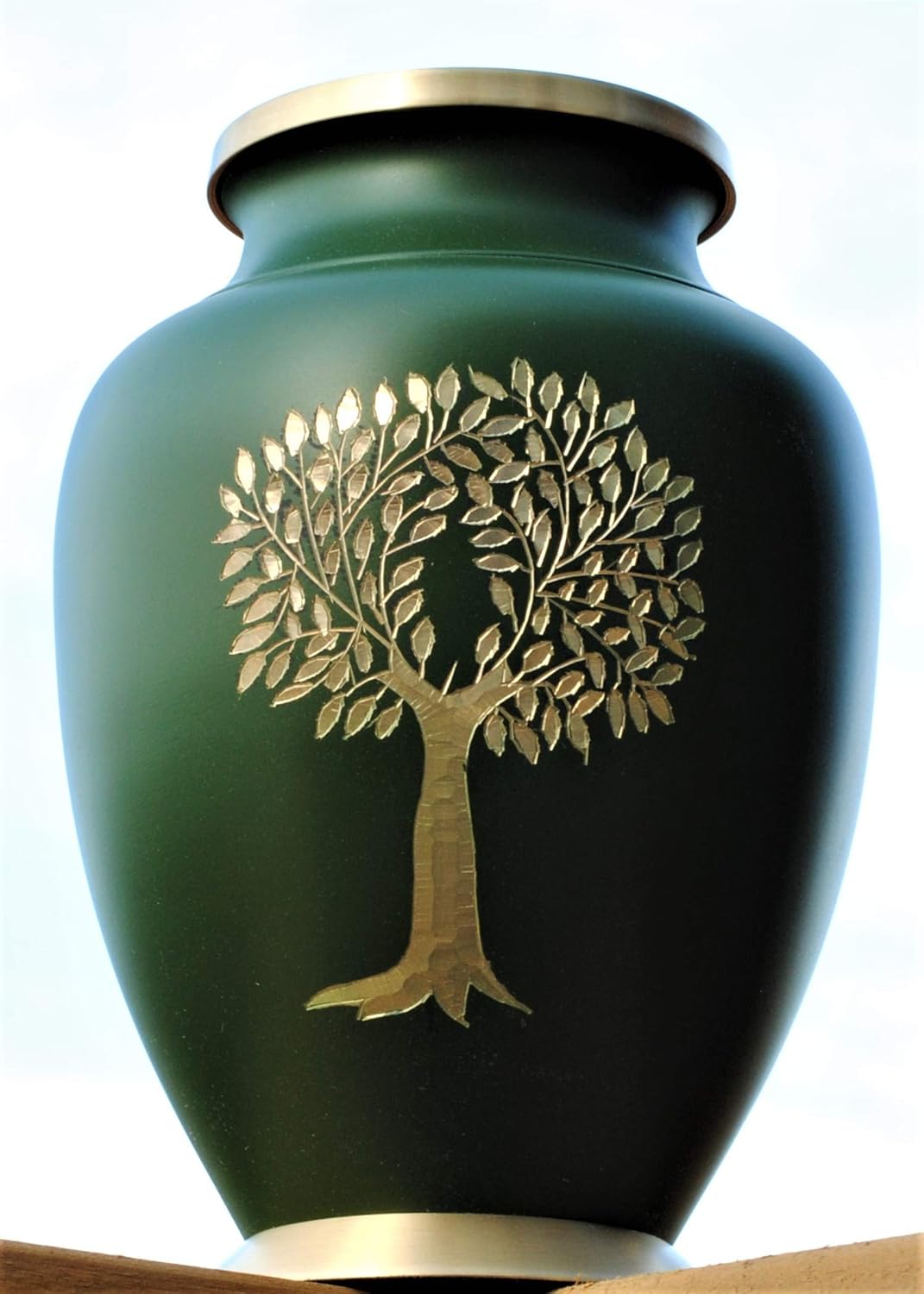 Today's A Gift Store Tree of Life Cremation Urn for Human Ashes, Large Adult Brass Urn, Seaweed Green Memorial Urn with Gold Engraving, Handcrafted Funeral Urn, Secure Lid with Velvet Bag(10.5 Inches)