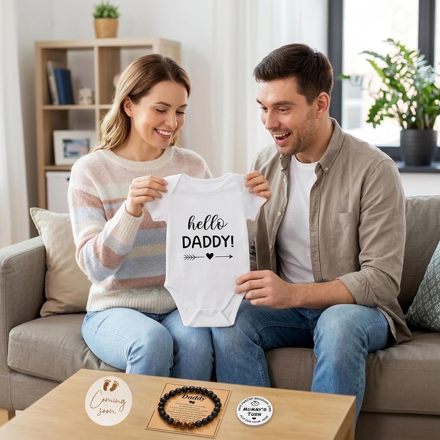 Pregnancy Announcement Gift Set for Husband with Bodysuit, Decision Coin, Wooden Sign, Tiger Eye Bracelet & Daddy Card
