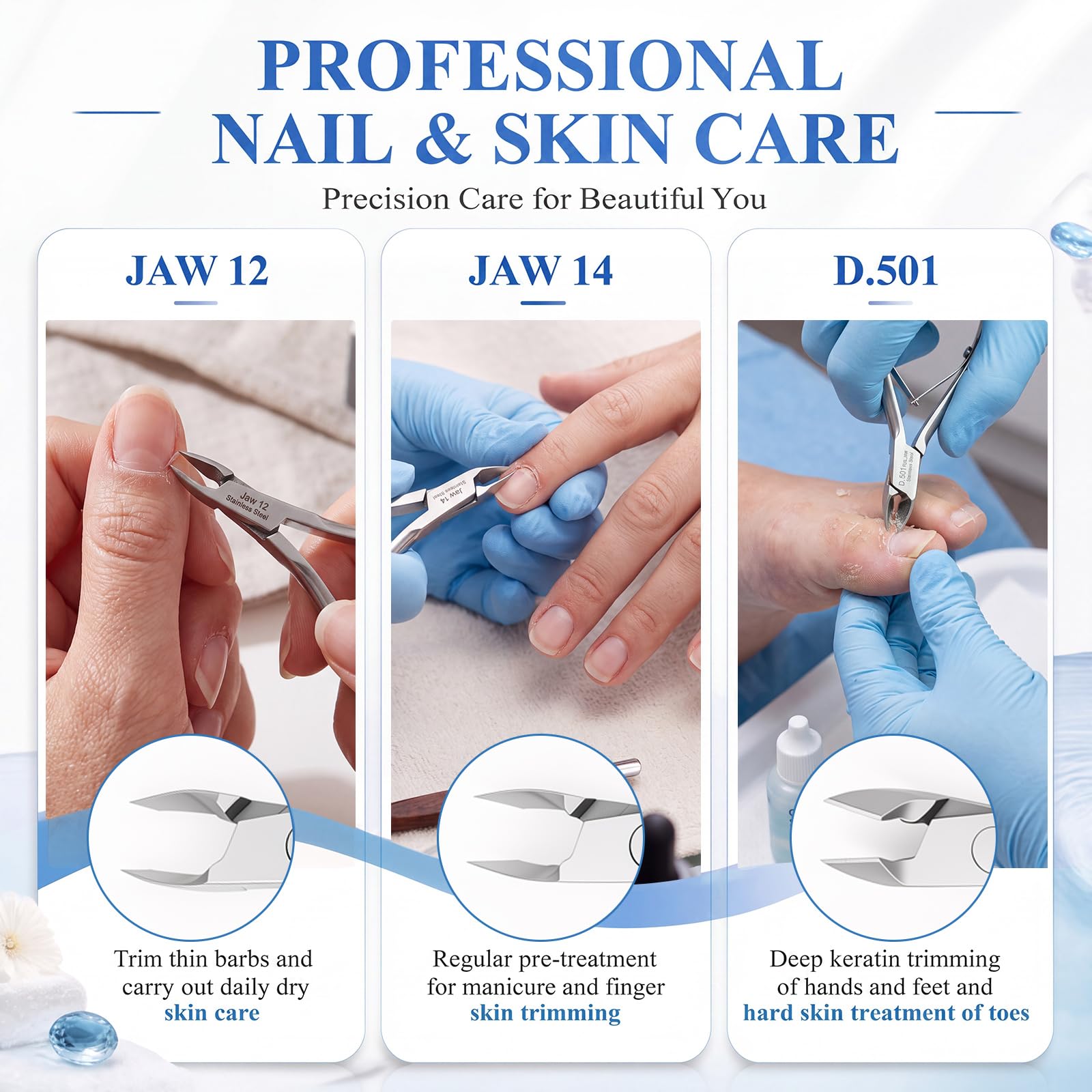 Lothee Juego de 3 cortadores de cutículas, cortaúñas profesional de acero inoxidable con mandíbula de 4 mm, 5,5 mm, 7,5 mm, herramienta de manicura y pedicura para mujeres y hombres, cuidado de uñas