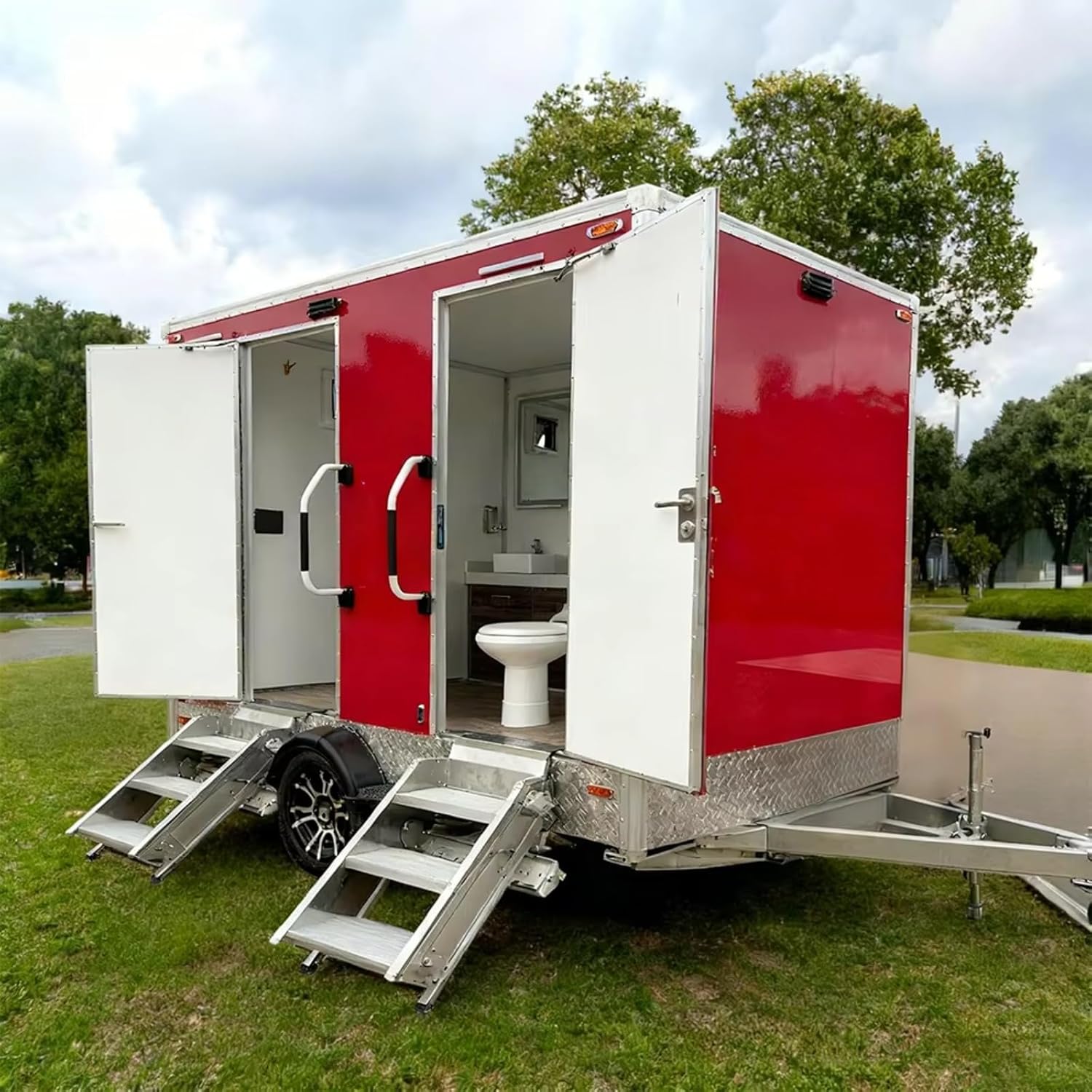 Portable Toilet Trailer for Sale, Mobile Toilet Container with Sewer Tank Luxury 2 Stall Outdoor Restroom for Events